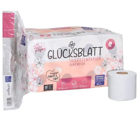 Glücksblatt Toilettenpapier samtweich 4-lagig, 16 Rollen,  100% Zellstoff, 70% PEFC-zertifiziert SGSCH-PEFC-COC-000977