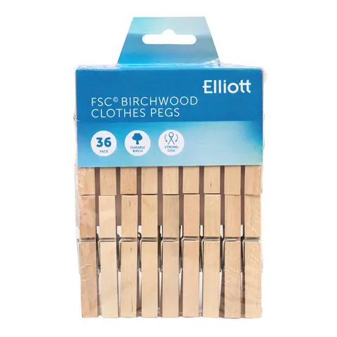 Elliott 36 FSC Strong Grip Hardwood coil spring clothes Pegs for washing lines, clothes horse and Arts & crafts use, free from plastic and 100% recyclable, for all laundry types