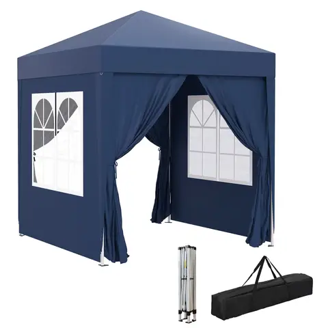 Outsunny 2 x 2 m Garden Pop Up Gazebo, Wedding Party Tent Marquee, Water Resistant Awning Canopy with Sidewalls, Windows, Carry Bag, Blue