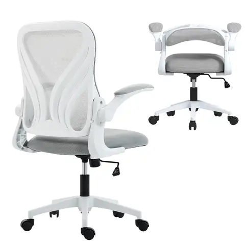 HOMCOM Office Chair, Mesh Desk Chair with Foldable Backrest, Flip-up Armrest, Lumbar Support, Tilt Function, Swivel Wheels for Home Office, Light Grey