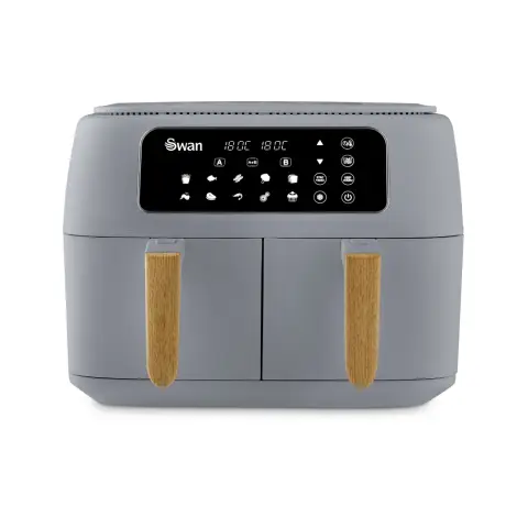 Swan SD10410GRY Nordic Duo 13-in-1 Air Fryer with Dual Non-Stick Baskets, Swan Cyclone Technology, 13 Pre-Set Functions, Match Cook, 8L, 1700W, Grey
