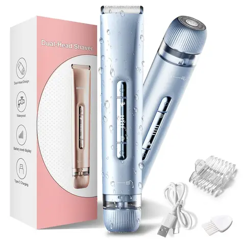 Bikini Trimmer for Women 2 in 1, Dual Head Womens Electric Shaver, Electric Razors for Pubic Hair, IPX7 Waterproof Rechargeable Facial Hair Removal for Shaving Underarm Leg Arm Body Face, Light blue