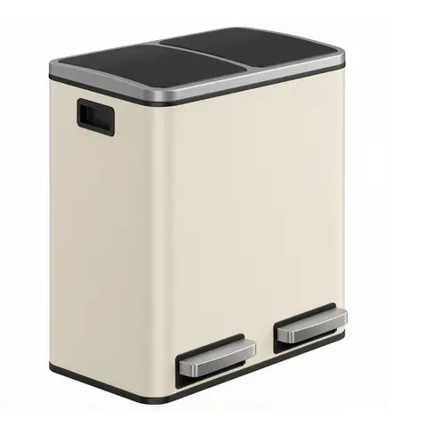 ochama  Dubbele Prullenbak met Voetpedaal, 2 x 15L Afvalscheidingsbak met Inzetbakken, Softclose, Staal, voor Keuken, Beige en Zwart