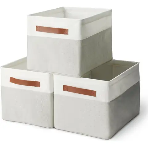 ANQI Collapsible Storage Bins with Leather Handles, Linen, Large, Pack of 3