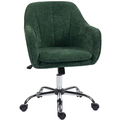HOMCOM Snow Flannel Office Chair, Modern Makeup Vanity Chair with Tub Back, Swivel Rolling Computer Armchair for Bedroom, Living Room, Dark Green