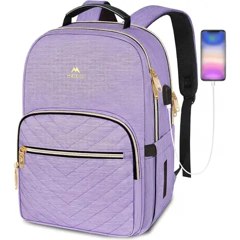 MATEIN Laptop-Rucksack für Damen, Schulrucksack für 15,6 Zoll, leicht, USB-Ladeanschluss, wasserdicht, Diebstahlschutz, für Mädchen & Damen, für Uni & College, Groß, Lila