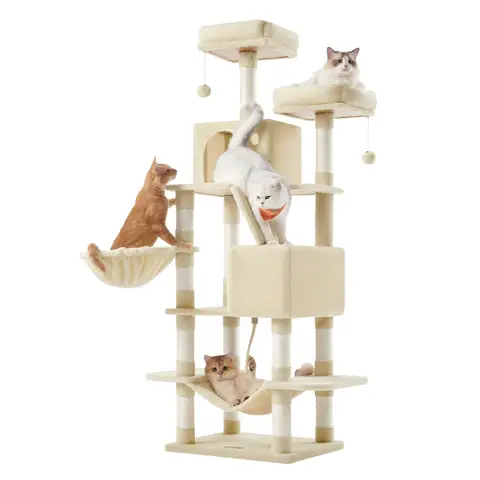 SONGMICSHOME Arbre à chat 168 cm, grande tour d’escalade pour chat avec 13 griffes, 1 rampe d’escalade, 2 perchoirs, 2 niches, panier, hamac, pompons, beige