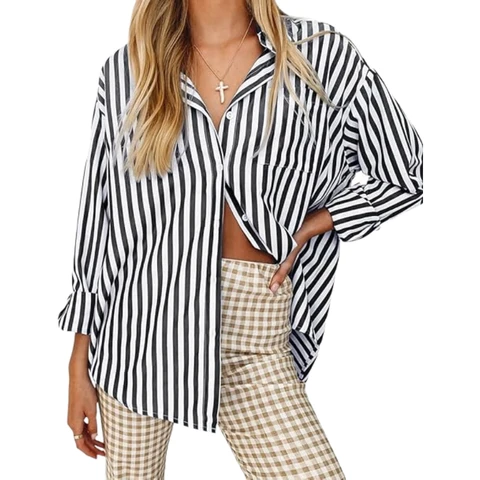 Women's Blouses Striped Long Sleeve Shirts Button Down Loose fit Casual Tops (black， S)