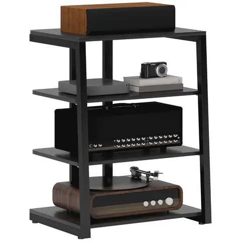 HOMCOM HiFi Stand, 4-Tier Media Storage Shelf with Adjustable Shelves, Power Strip Rack for Router Black
