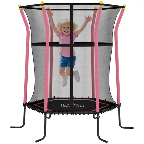 Homcom 5.4 FT Kids Trampoline, 64 Inch Toddler Trampoline with Enclosure Net Indoor Outdoor for Child Toddler Age 3- 10 Years, Pink