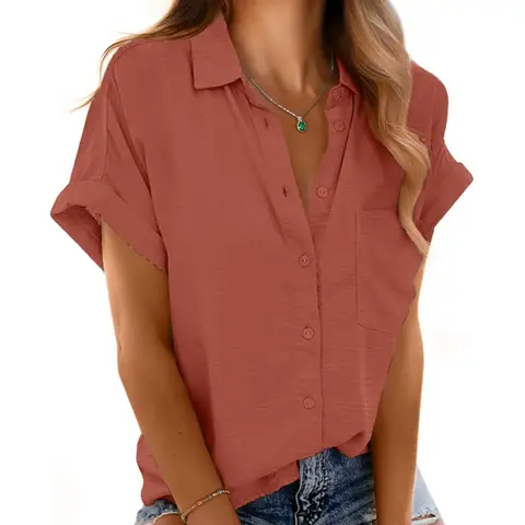 Women's Short Sleeve Shirts V Neck Collared Button Down Shirt Tops with Pockets (orangered, S)