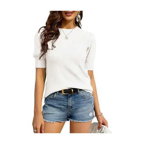 Women's Puff Short Sleeve Sweaters Pullover Shirt Tops Crew Neck Lightweight Knit Sweater Blouses (white, S)