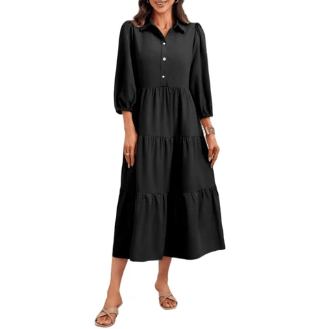 Robe longue superposée pour femme avec col chemise Noir Taille XL