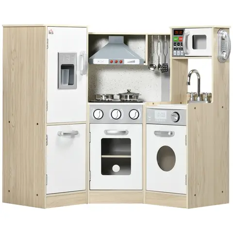 HOMCOM Kids Kitchen Playset Pretend Toy Kitchen w/ Role Play Accessories, Sound and Light Effects, Phone, Storage Space
