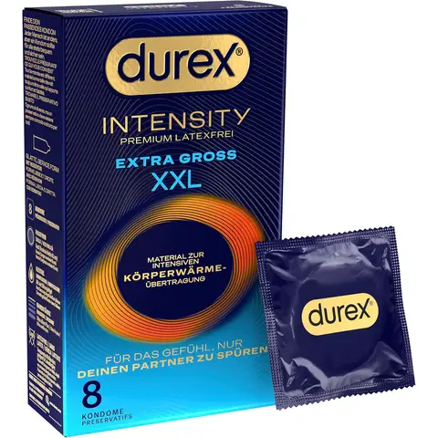 Durex Intensity Extra Large XXL Kondome - Ultra dünn für intensive Körperwärmeübertragung - Mit Silikon-Gleitmittel - Ohne Latex - Packung mit 8 Stück (1 x 8 Stück)