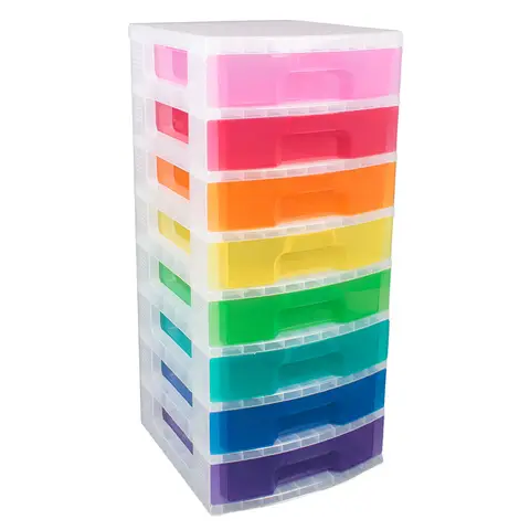 Really Useful Plastic Storage Box Tower 8x9.5L Clear Frame with Rainbow Drawers