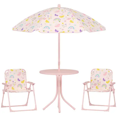 AIYAPLAY Children Table and Chair Set with Adjustable Parasol, 2 Folding Chairs, Picnic Table, Rainbow Pattern Outdoor Patio Set, for Ages 2-5 Years, Pink