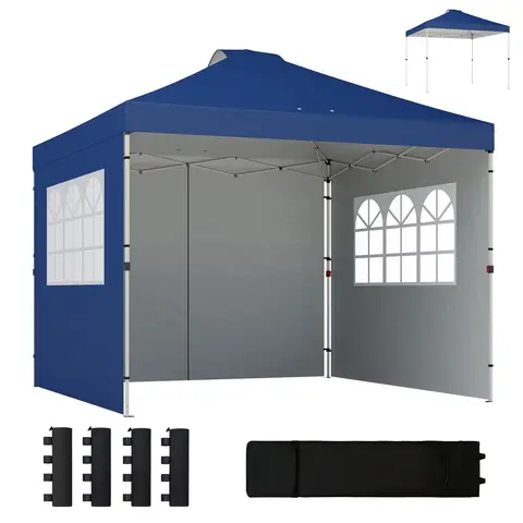 Outsunny 3 x 3 m Pop Up Gazebo with 3 Sidewalls, Waterproof Instant Shelter for Parties, Height Adjustable Pop Up Canopy with Wheeled Bag, Sandbags, Stakes, Dark Blue