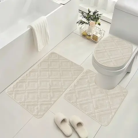 Bathroom Set 3 Piece Non-Slip Absorbent Bath Mats for Tub Shower, Machine Washable 38*44cmToilet Cover, 50*40cm U-Shaped Contour Toilet Rug，50*80cm Bathroom Rugs,Beige meander pattern