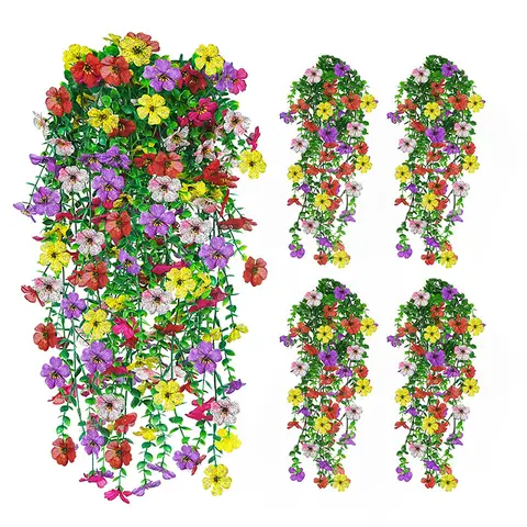 4Pcs 29.5in/75cm
Artificial Faux Hanging Flowers Plants for Outdoor Decor Outside Fake Mums Violets with Eucalyptus Realistic Daisy Trailing Vines for Yard Balcony Porch Decor(5mixcolor)