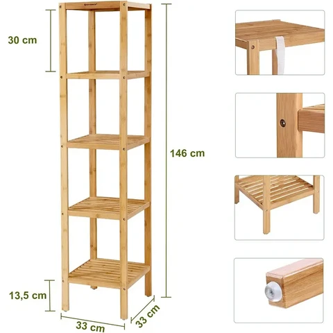JOYFURNOS Étagère sur Pied en Bambou à 5 Niveaux pour Salle de Bain, Cuisine, Salon, Chambre - 33x33x146 cm