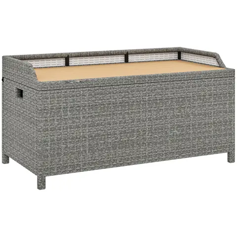 Outsunny PE Rattan Outdoor Storage Bench, Aluminium Garden Bench with Storage Underneath w/ Zipped Inner Lining, Rods for Deck, Grey