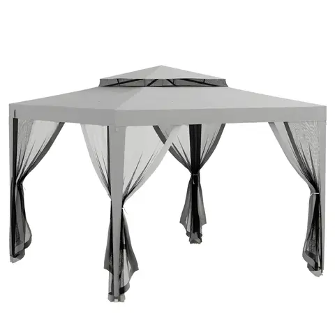 Outsunny 3 x 3 m Gazebo, Netting Party Tent, Patio Canopy Outdoor Event Shelter with Double Tier Roof for Activities, Shade Resistant, Light Grey