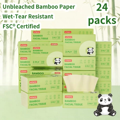 Ochama Bambus-Gesichtstücher, 3-lagig, 2640 Blatt (110 Blatt×24 Packungen), FSC-zertifiziert, Ungebleichtes Bambuszellstoffpapier, Familienpackung