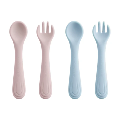 Bc Babycare Fourchette et cuillère en silicone, 2 pièces, sans BPA, rose + bleu