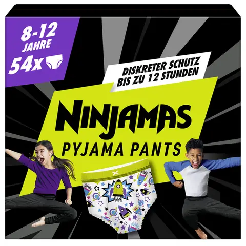 Ninjamas Pyjama-Höschen Raumschiff, 54 saugfähige Nachtwindeln, 8 Jahre, 27 kg-43 kg, Auslaufschutz für die ganze Nacht