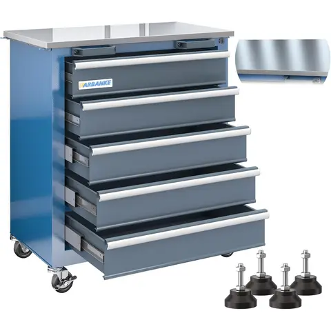 LARBANKE 5-Drawer Mobile Tool Chest with Safety Locking System, Wheels, Foot Pads & Stainless Steel Top, Connectable to Form Large Workstation