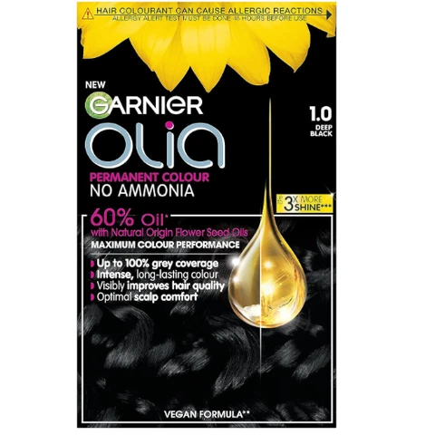Garnier Olia No Ammonia Permanent Hair Dye Midnight 1.0 Deep Black 1 Colourant Cream 1 Developer Cream 1 Conditioner
