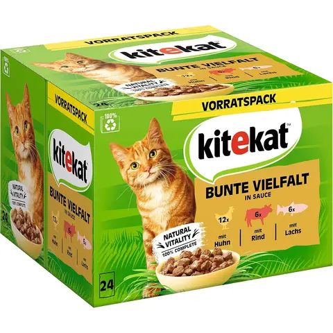 KITEKAT Bunte Vielfalt Nassfutter für Katzen – Rind, Huhn, Lachs (24 x 85 g)