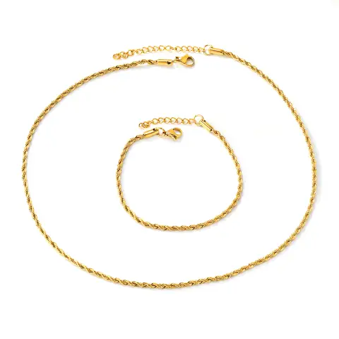 Twisted Rope Chain 18K Gold Plated 3mm Bracelet and Choker Necklace Set