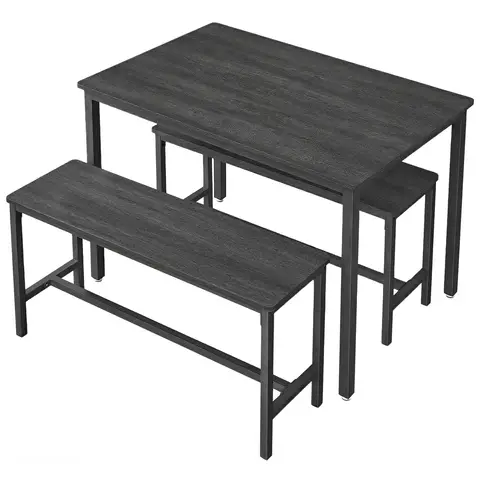 Ochama x SONGMICS Dining Table with 2 Benches, Set of 3, Kitchen Table, 2 Dining Room Benches, Steel Frame, Ash Black and Ink Black