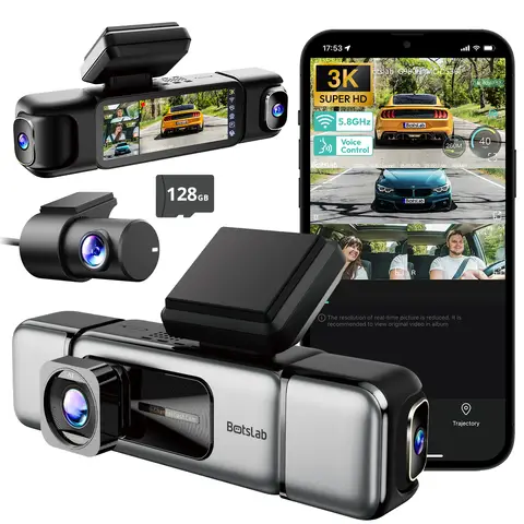 BOTSLAB 3K 4 Channel Dash Cam, 560° All-Sides View, Front and Rear Inside Car Camera with 3.18”Touch Screen, Dash Camera 24/7 Parking Mode, Built-in GPS 5.8GHz WiFi Voice Control