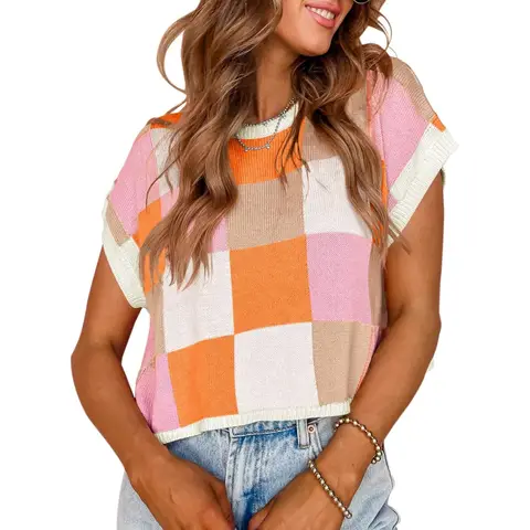 Women's Cap Sleeve Crop Tops Summer Color Block Going Out Crew Neck Knit Trendy Casual Sweater (orange, L)