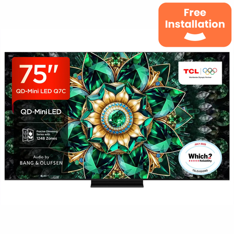 TCL 75Q7C-UK 75” QD-Mini LED TV, 4K UHD, Smart Google TV with 144Hz Motion Clarity Pro, Dolby Atmos​, Audio by Bang & Olufsen, Game Master