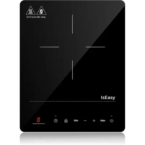 IsEasy Einzel Induktionskochplatte, 2100W, 28cm, Tragbar, 9 Heizstufen, Kindersicherung, 8-Stunden-Timer, Max/Min-Funktion, Schwarz
