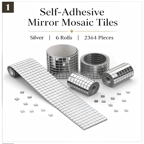 Selbstklebende quadratische Glas-Spiegel-Mosaikfliesen, Silber, 6 Rollen (2364 Stück), für DIY-Handarbeiten, Wanddekoration, Spiegelrahmen und Bühnenrequisiten
