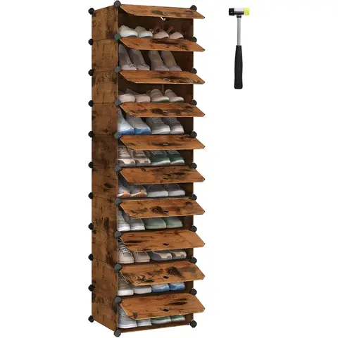 SONGMICS 10 Tier Shoe Rack Shoe Organizer DIY Shelf with Door Vintage Brown LPC010A01