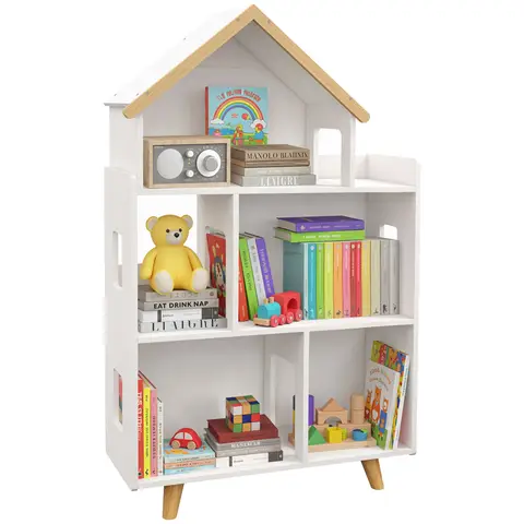 ZONEKIZ Toy Storage Shelf, 3 Tier Children Bookcase, Kids Bookshelf with Six Cubes, for Playroom, Nursery, Bedroom, Kids Room - White