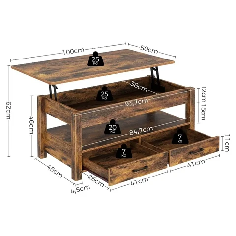 Rolanstar Double-drawer pneumatic lift coffee table, vintage color, 100 cm