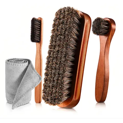 JORDAN&JUDY Horsehair Shoe Shine Brush 4-Piece Set, Beechwood Handle, Leather Shoe Care Kit