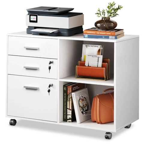 DEVAISE Rolling Container with 3 Drawers and Open Shelves, Mobile Filing Cabinet with Wheels, Printer Table for DIN A4/Legal/Letter, Lockable Cabinet for Office and Home Office, White