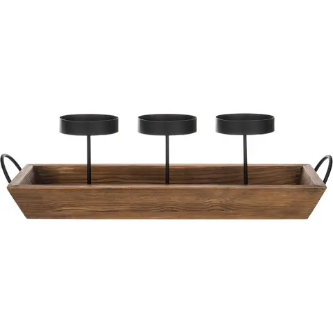 MyGift 3-Säulen Kerzenhalter aus schwarzem Metall mit rustikalem Holztablett und Griffen, Tisch-/Kamin-Mittelstück