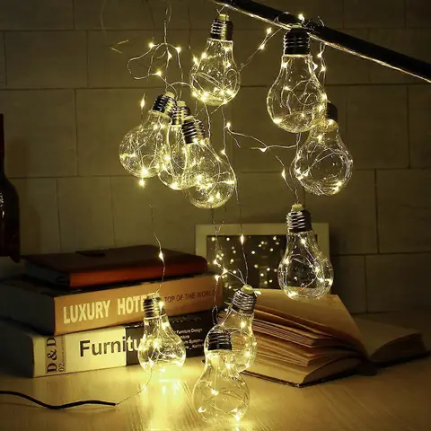 Globe LED String Lights with Clear Plastic Bulbs | 10×5L Warm White LEDs, 10 Bulbs (6×9cm/bulb), 30cm Spacing, 50cm Transparent Cord, Silver Metal Base | With 3AA Battery Box(Indoor/Timer), Battery Not Included