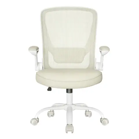 SONGMICSHOME Bürostuhl ergonomisch, Drehstuhl mit Mesh, Lenden- und Kopfstütze, Wippfunktion, 53 cm große Sitzfläche, klappbare Armlehnen, Arbeitszimmer, beige