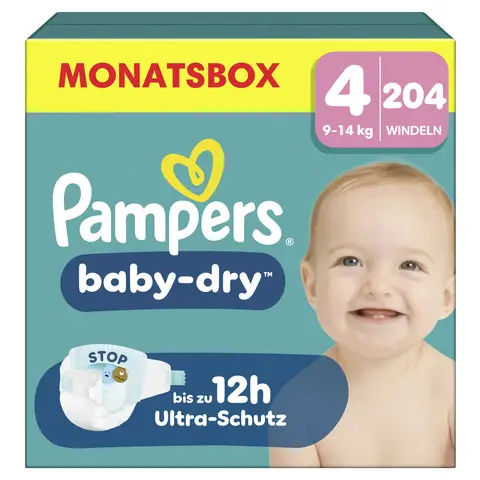  Pampers Baby Dry Gr.4 Maxi 9-14kg Monatsbox - 204 Stück