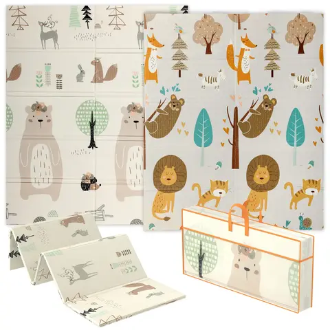 AIYAPLAY Baby Play Mat Double Sided, Foldable & Reversible Activity Playmat, Waterproof Kids Foam Crawling Mat for Outdoor Indoor Playtime Picnics, 177 x 146 x 1.5cm, Animal Theme